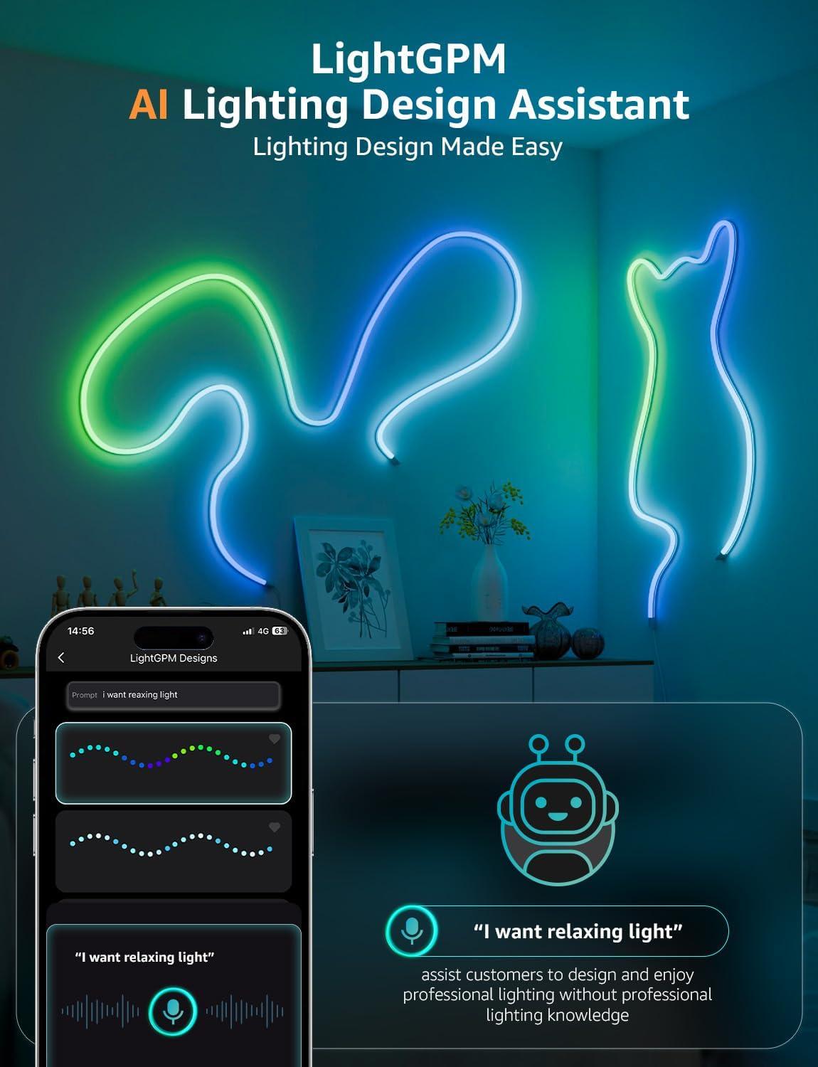 imageLepro N1 AI Smart RGB Rope Lights for Christmas Decorations LLM AI Generated Lighting LightBeats Music Sync Color Segment DIY Voice Control Via App 1968ft WiFi ampamp Bluetooth LED Strip Lights328ft