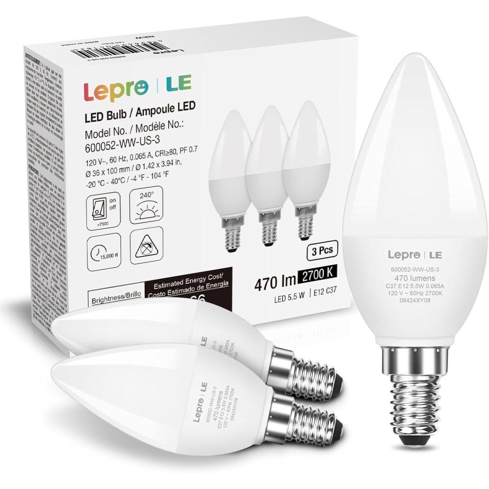 imageLepro E12 LED Candelabra Light Bulbs 55 watt 40 watt Equivalent C37 B11 Ceiling Fan Bulb Chandelier Bulbs 2700 Kelvin Warm White Type B Small Base Candle Lights Frosted Plastic Shell 6PackWarm White
