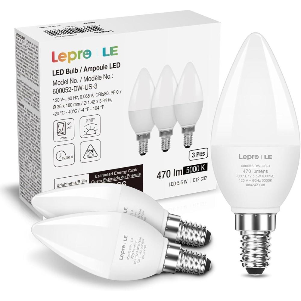 imageLepro E12 LED Candelabra Light Bulbs 55 watt 40 watt Equivalent C37 B11 Ceiling Fan Bulb Chandelier Bulbs 2700 Kelvin Warm White Type B Small Base Candle Lights Frosted Plastic Shell 6PackDaylight White