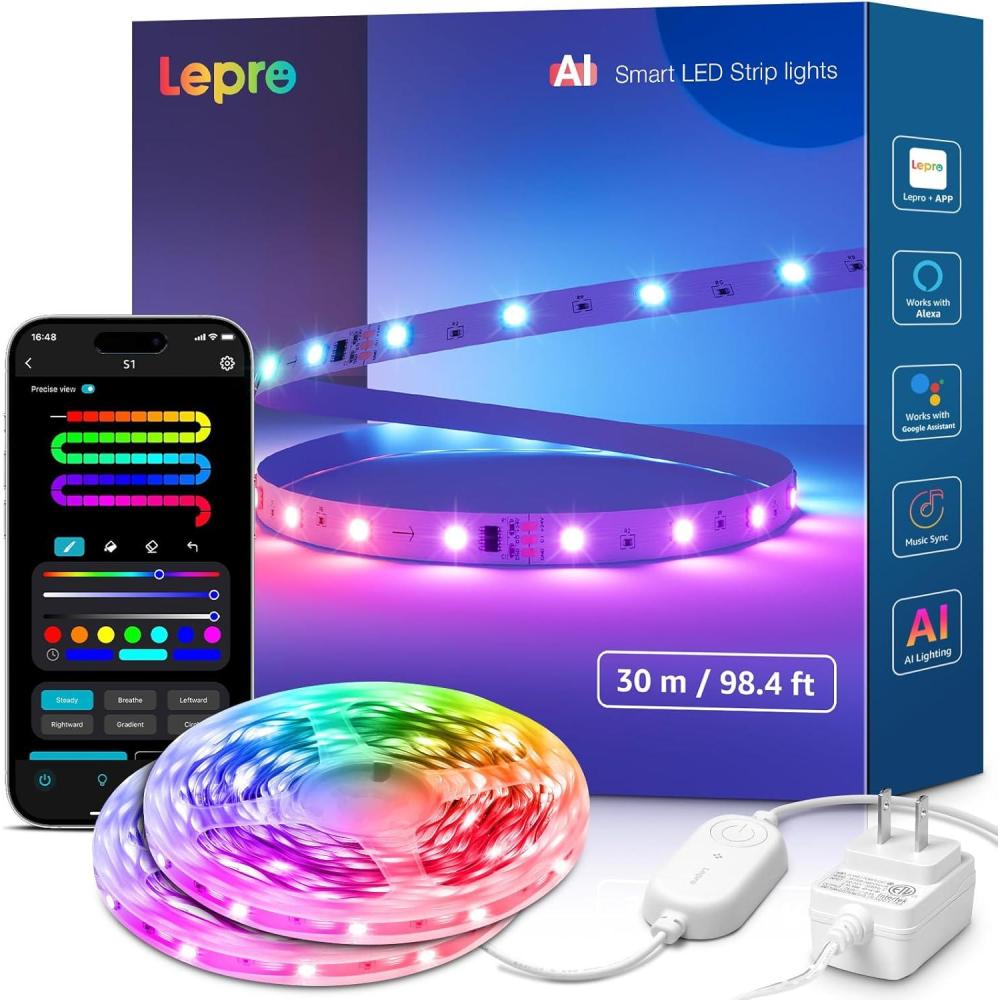 imageLepro S1 AI LED Strip Lights for Bedroom  164ft Smart RGB Light Strips with IC and Rainbow Chasing Effects Color Segment DIY AI Generated Lighting No Remote 24G WiFi ampamp Bluetooth100FT