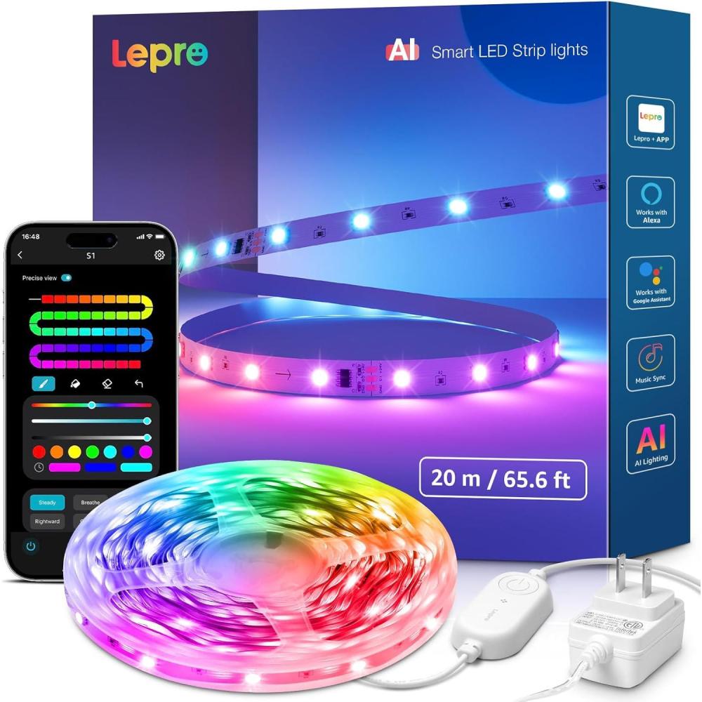 imageLepro S1 AI LED Strip Lights for Bedroom  164ft Smart RGB Light Strips with IC and Rainbow Chasing Effects Color Segment DIY AI Generated Lighting No Remote 24G WiFi ampamp Bluetooth656FT