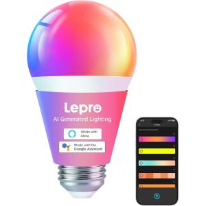 Lepro B1 AI Smart Light Bulbs – WiFi & Bluetooth RGBWW Color Changing LED Bulb Compatible with Alexa & Google Assistant, AI Generated Lighting LLM, AI Voice Control, Music Sync, 2.4GHz Only, 2 Pack(Rgbww)