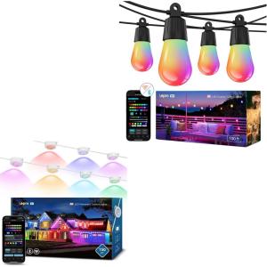 Lepro Bundle – 150ft E1 RGB+IC AI Smart Permanent Outdoor Lights with 30 Warm/Cool LED Lights & 100ft ZB1 RGB+IC AI Smart Outdoor String Lights with 30 Warm LED Bulbs