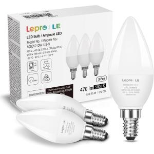 Lepro E12 LED Candelabra Light Bulbs, 5.5 watt, 40 watt Equivalent C37 B11 Ceiling Fan Bulb Chandelier Bulbs, 2700 Kelvin Warm White Type B Small Base Candle Lights, Frosted Plastic Shell, 6-Pack(Daylight White)