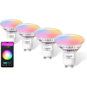 Lepro GU10 Smart Light Bulbs, RGB Color Changing LED Bulb, Compatible with Alexa & Google Assistant, Dimmable with App, 50W Equivalent Track Light Bulb, No Hub Required, 2.4G WiFi Only, Pack of 4