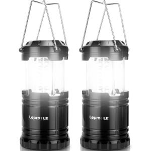 Lepro LED Camping Lantern, Super Bright, Battery Powered, IPX4 Water Resistant, Portable Emergency Lights for Hurricane, Storms, Outages, Collapsible, 2 Packs