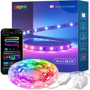 Lepro S1 AI LED Strip Lights for Bedroom – 16.4ft Smart RGB Light Strips with IC and Rainbow Chasing Effects, Color Segment DIY, AI Generated Lighting, No Remote, 2.4G Wi-Fi & Bluetooth(50FT)