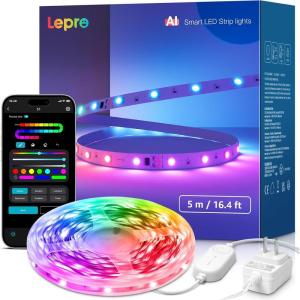 Lepro S1 AI LED Strip Lights for Bedroom – 32.8ft Smart RGB Light Strips with IC and Rainbow Chasing Effects, Color Segment DIY, AI Generated Lighting, No Remote, 2.4G Wi-Fi & Bluetooth(16.4FT)