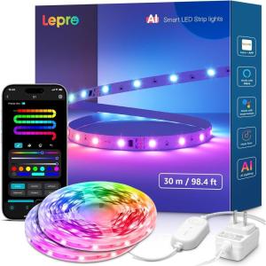 Lepro S1 AI LED Strip Lights for Bedroom – 32.8ft Smart RGB Light Strips with IC and Rainbow Chasing Effects, Color Segment DIY, AI Generated Lighting, No Remote, 2.4G Wi-Fi & Bluetooth(100FT)