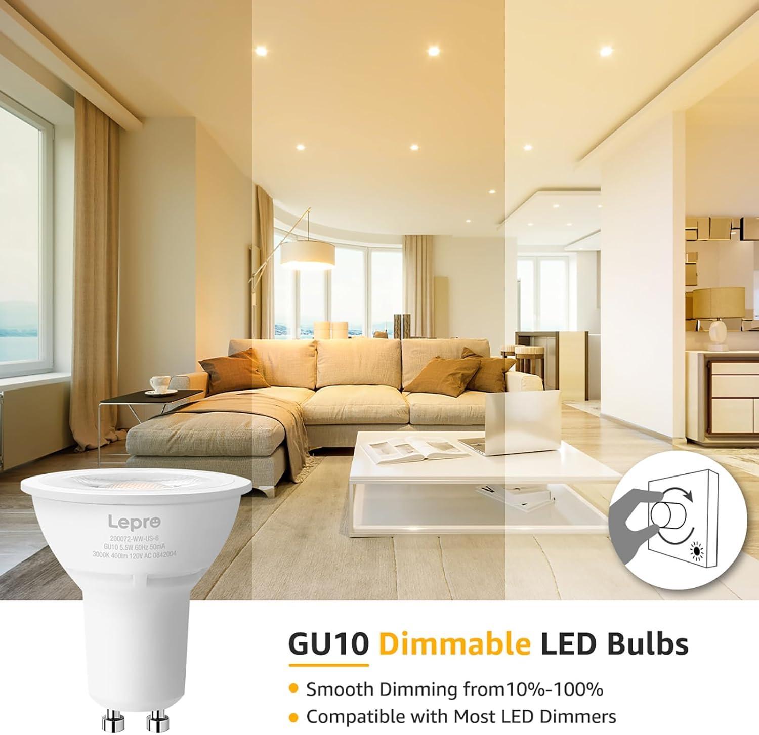 imageLepro GU10 LED Bulb Dimmable 50W Halogen Equivalent Light Bulbs 55W 3000K Soft Warm Light Replacement for Recessed Track Lighting40Spotlight for Kitchen Range Hood Living Room ampamp Bedroom 6 PackWarm White