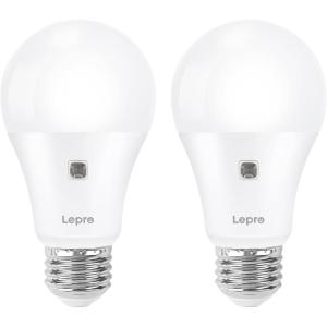 Lepro Dusk to Dawn Light Bulbs Outdoor Lighting, Auto On/Off, Light Sensor LED Bulbs, 60 Watt Equivalent, Non-Dimmable, A19 E26 Medium Screw Base, 9W 806 Lumens, Soft White, Pack of 2(Warm White)