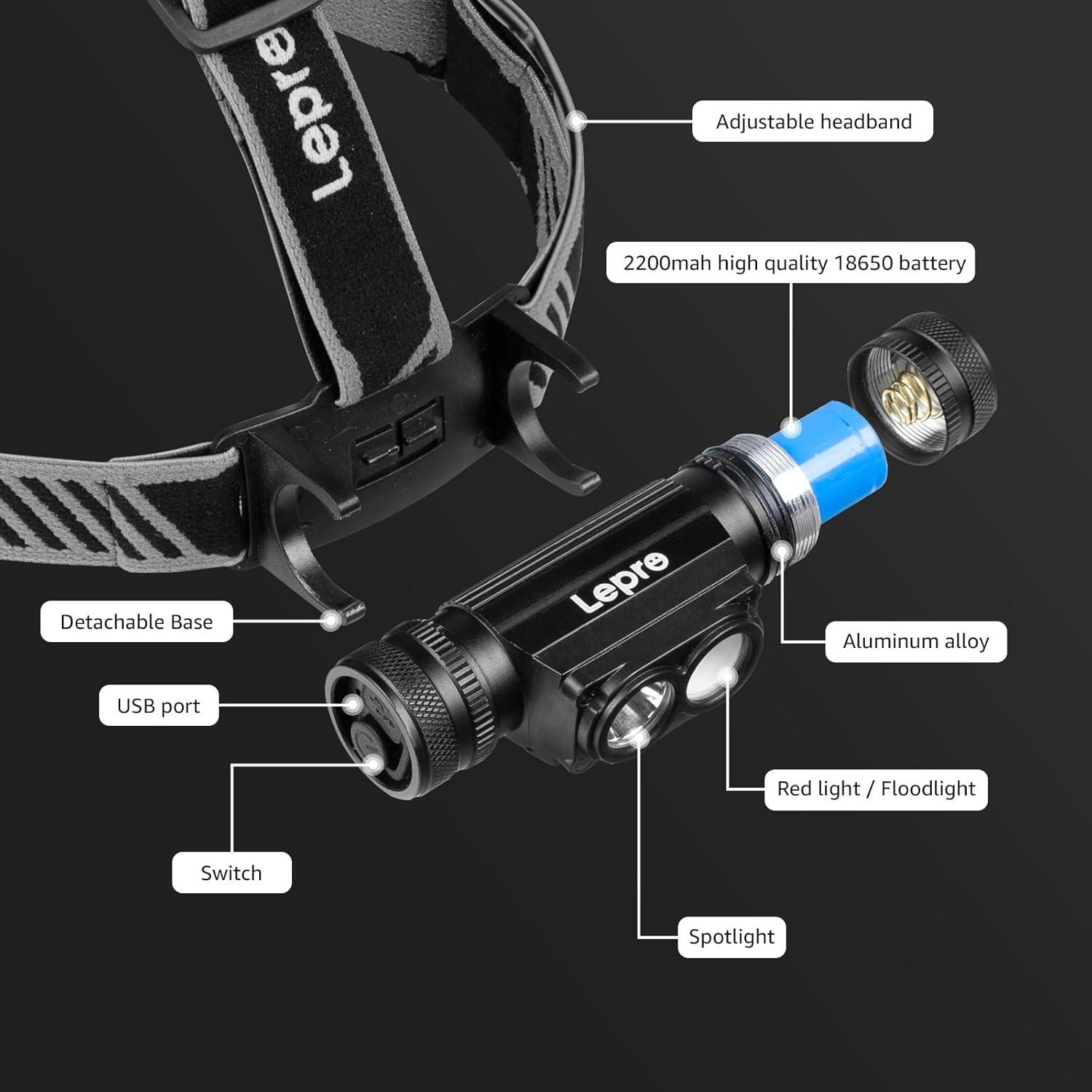 imageLepro 1000 Lumen Headlamp Rechargeable Powerful Detachable Head Lamp with 2200 mAh Battery Super Bright 500FT Flashlight Beam IP65 Waterproof LED Headlight for Camping Hiking Hunting Fishing Gear