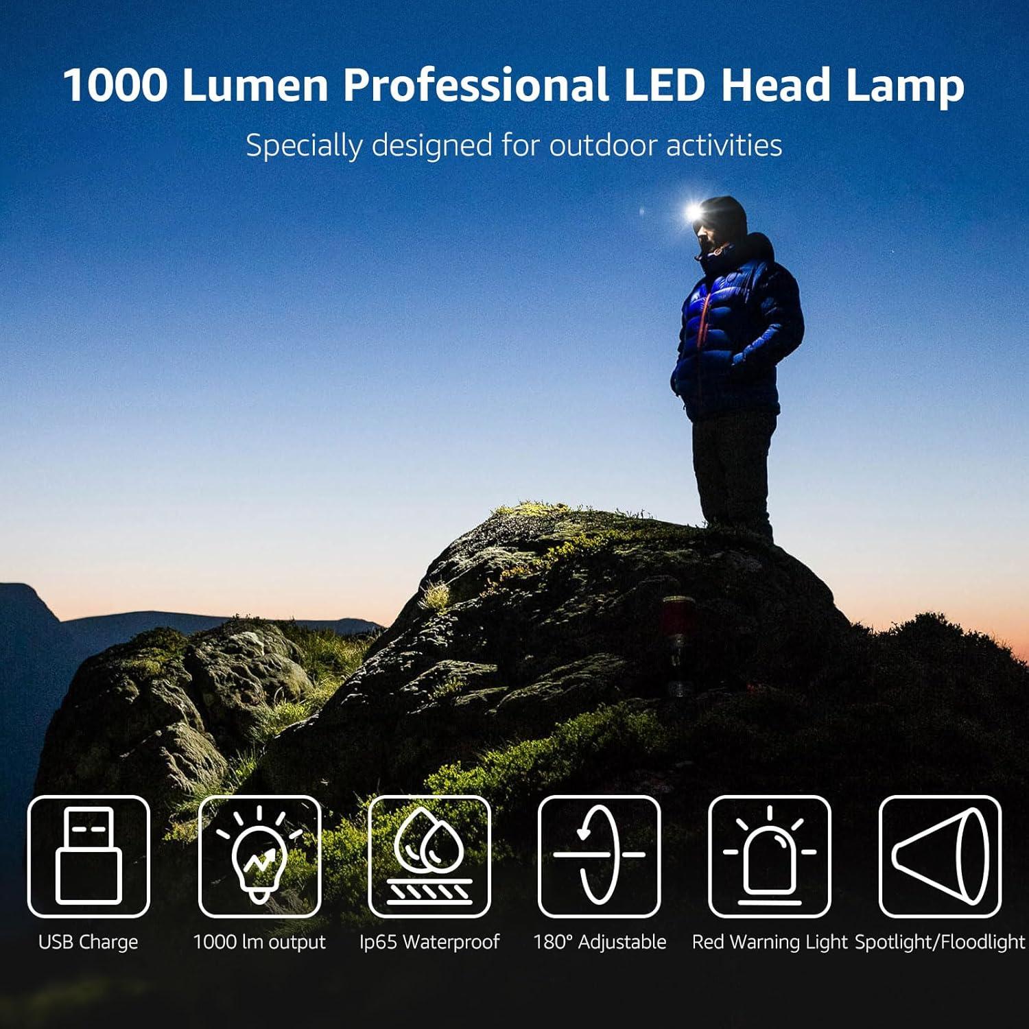 imageLepro 1000 Lumen Headlamp Rechargeable Powerful Detachable Head Lamp with 2200 mAh Battery Super Bright 500FT Flashlight Beam IP65 Waterproof LED Headlight for Camping Hiking Hunting Fishing Gear