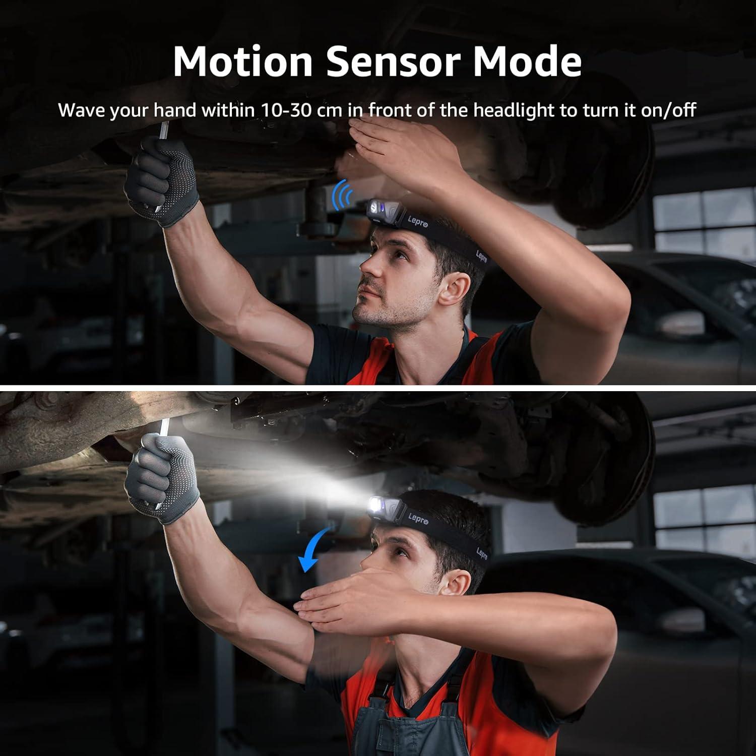 imageLepro PR320017a2 Rechargeable Headlamp with Motion Sensor 1500Lux LED Head Lamp with Red Light for Outdoor Activities 2 Pack