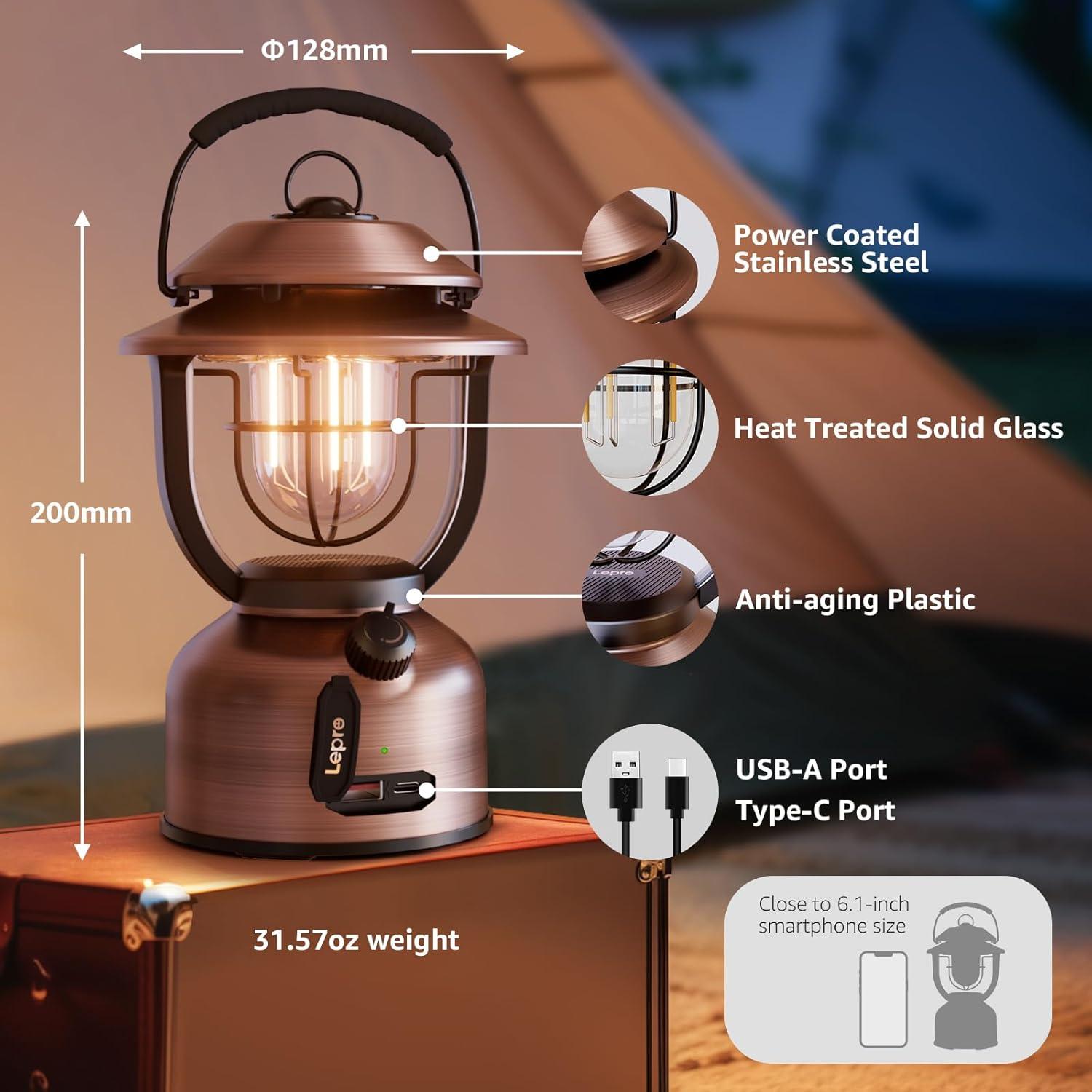 imageLepro Retro Classic LED Camping Lantern High Lumens Daylight White 2500K and 5000K Dimmable USB Rechargeable Waterproof for Camping Vintage Decoration and Emergency USB Charging Cable Included