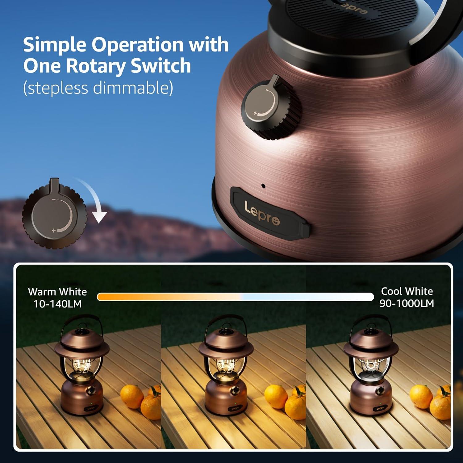 imageLepro Retro Classic LED Camping Lantern High Lumens Daylight White 2500K and 5000K Dimmable USB Rechargeable Waterproof for Camping Vintage Decoration and Emergency USB Charging Cable Included