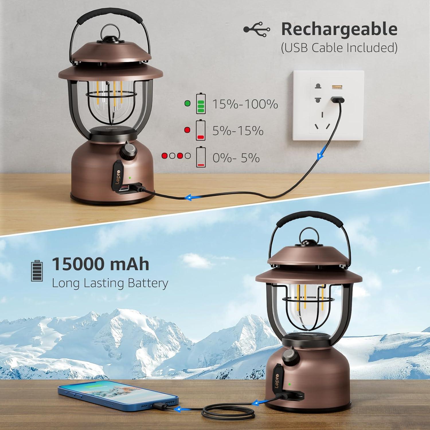imageLepro Retro Classic LED Camping Lantern High Lumens Daylight White 2500K and 5000K Dimmable USB Rechargeable Waterproof for Camping Vintage Decoration and Emergency USB Charging Cable Included