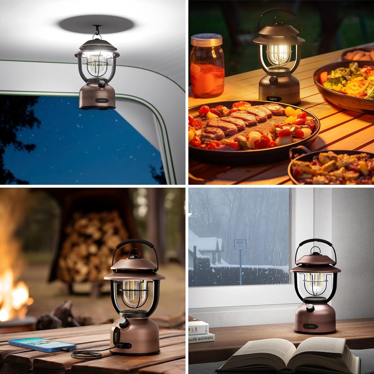 imageLepro Retro Classic LED Camping Lantern High Lumens Daylight White 2500K and 5000K Dimmable USB Rechargeable Waterproof for Camping Vintage Decoration and Emergency USB Charging Cable Included