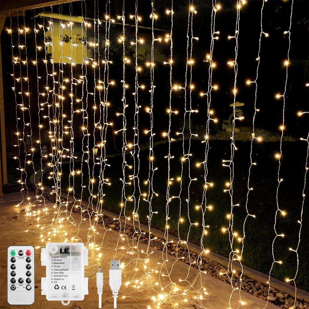 imageLE Fairy Curtain Lights Battery Operated ampamp USB Plug in Remote 10 x 10 ft Hanging String Lights for Bedroom Wall 300 LED Indoor Outdoor Twinkle Lights for Wedding Party Backdrop Tent Patio Gazebo