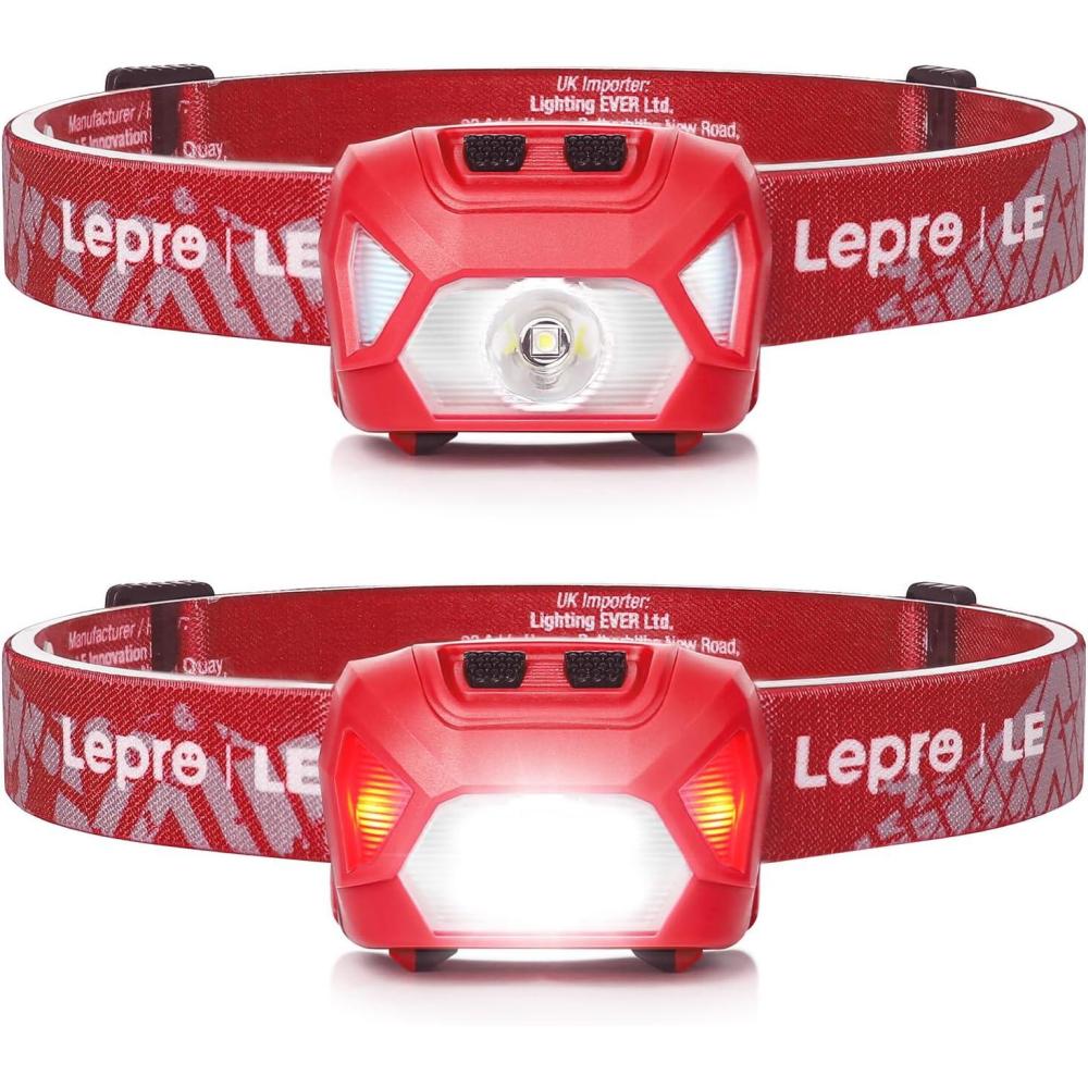 imageLepro HeadLamp 2 Pack Super Bright LED Head lamp with 6 Lighting Modes Waterproof Battery Powered LED Lightweight Headlight for Cycling Running Camping for Kids AdultsRed2 Pack
