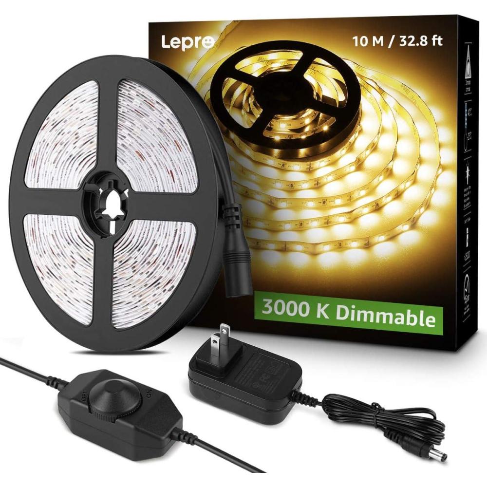 imageLepro LED Strip Light White 164Ft Dimmable Vanity Lights 3000K Super Bright LED Tape Lights 300 LEDs SMD 2835 Strong 3M Adhesive Suitable for Home Kitchen Under Cabinet Bedroom Warm White328ft