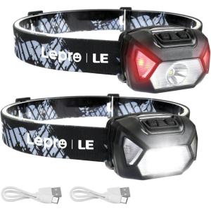LE Headlamp Rechargeable, LED Head Lamp with 6 Modes for Camping & Hiking Gear Essentials, IPX4 Waterproof High Lumen Bright Headlight Flashlights with Adjustable Headband, USB Cable Include(Black（2 Pack）)