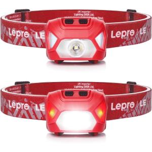 Lepro HeadLamp, 2 Pack Super Bright LED Head lamp with 6 Lighting Modes, Waterproof, Battery Powered LED Lightweight Headlight for Cycling Running Camping for Kids Adults(Red-2 Pack)