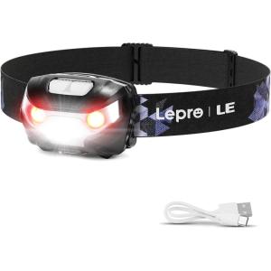 Lepro LED Headlamp Rechargeable – Super Bright Head Lamp with 5 Modes for Camping & Hiking Gear Essentials, IPX4 Waterproof Headlight Flashlight with Red Light, USB Cable Included