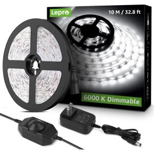 Lepro LED Strip Light White, 16.4ft Dimmable Vanity Lights, 6000K Super Bright LED Tape Lights, 300 LEDs 2835, Strong 3M Adhesive, Suitable for Home, Kitchen, Under Cabinet, Bedroom, Daylight White(32.8 ft)