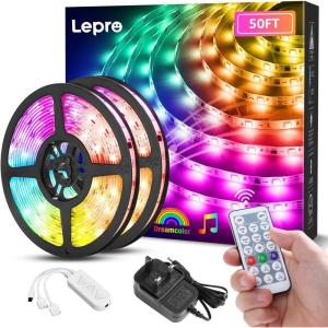 Lepro LED Strip Lights, 16.4ft Music Sync MagicColor Light Strip with Remote, Dreamcolor Christmas Color Changing Lights, 5050 RGB Lights for Bedroom, Home, Gaming Room, Party, TV, Wall Decor(50ft)
