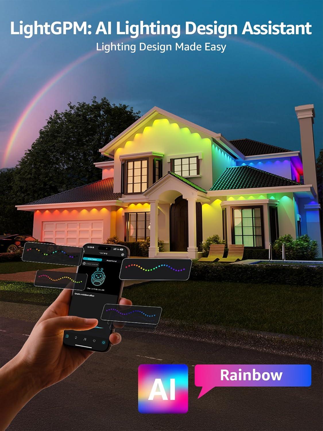 imageLepro E1 AI Permanent Outdoor Lights APP Control 100ft 60 LED Smart RGBICWarmCool White House Eave Light for Halloween Christmas Alexa Google Enabled 24 GHz WiFiBluetooth NO Remote Controller150 FT