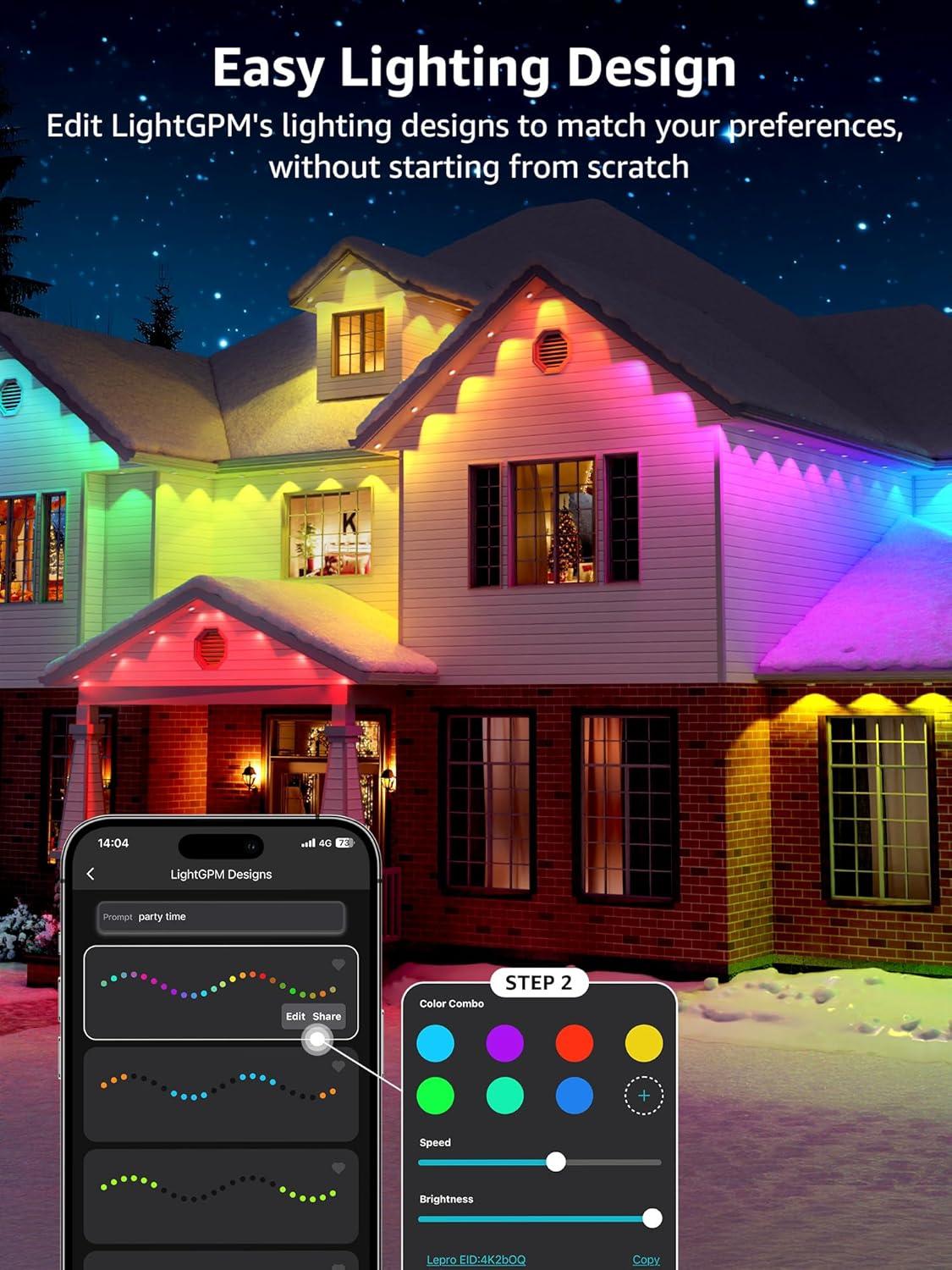 imageLepro E1 AI Permanent Outdoor Lights APP Control 100ft 60 LED Smart RGBICWarmCool White House Eave Light for Halloween Christmas Alexa Google Enabled 24 GHz WiFiBluetooth NO Remote Controller50 FT