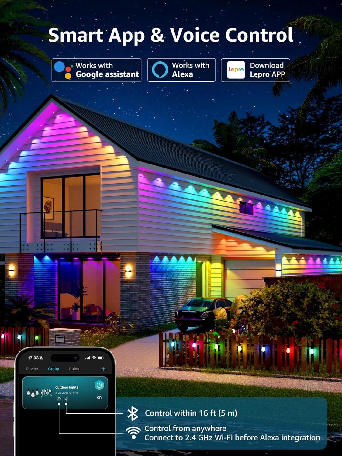 imageLepro E1 AI Permanent Outdoor Lights APP Control 100ft 60 LED Smart RGBICWarmCool White House Eave Light for Halloween Christmas Alexa Google Enabled 24 GHz WiFiBluetooth NO Remote Controller150 FT