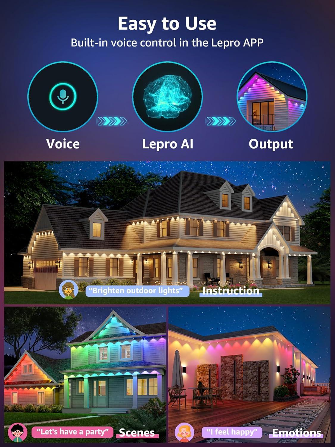 imageLepro E1 AI Permanent Outdoor Lights APP Control 100ft 60 LED Smart RGBICWarmCool White House Eave Light for Halloween Christmas Alexa Google Enabled 24 GHz WiFiBluetooth NO Remote Controller50 FT