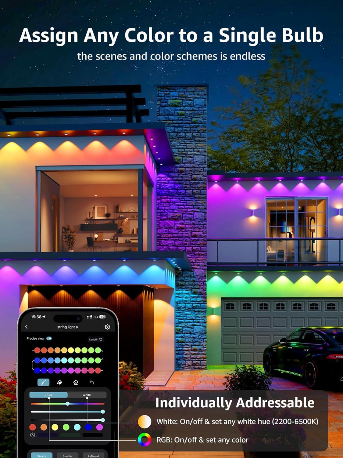 imageLepro E1 AI Permanent Outdoor Lights APP Control 100ft 60 LED Smart RGBICWarmCool White House Eave Light for Halloween Christmas Alexa Google Enabled 24 GHz WiFiBluetooth NO Remote Controller50 FT