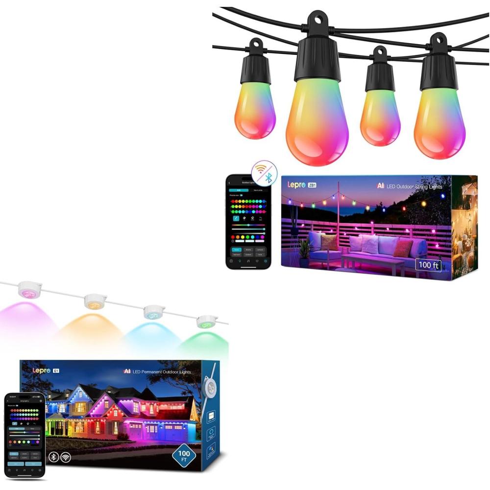 imageLepro Bundle 100ft E1 RGBIC AI Smart Permanent Outdoor Lights with 30 WarmCool LED Lights ampamp 100ft ZB1 RGBIC AI Smart Outdoor String Lights with 30 Warm LED Bulbs
