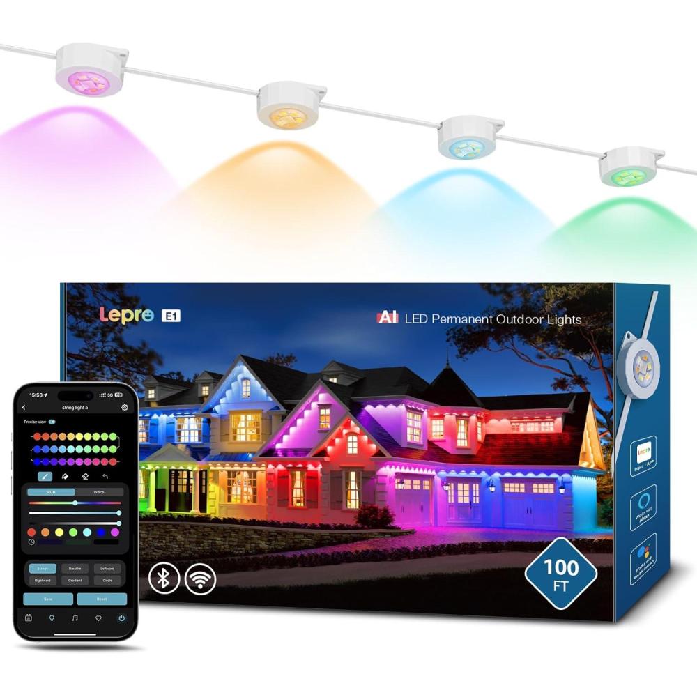 imageLepro E1 AI Permanent Outdoor Lights APP Control 100ft 60 LED Smart RGBICWarmCool White House Eave Light for Halloween Christmas Alexa Google Enabled 24 GHz WiFiBluetooth NO Remote Controller100 FT