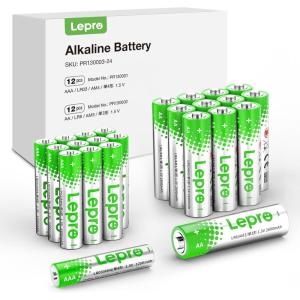 Lepro Batteries Variety Pack, AA and AAA Batteries Combo Pack 24 Count, 2800mAh Alkaline Power – 12 Double AA Batteries and 12 Triple AAA Batteries【Not Rechargeable】(24 Count (12 AA+12 AAA))