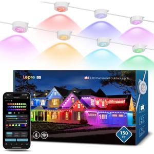 Lepro E1 AI Permanent Outdoor Lights APP Control, 100ft 60 LED Smart RGB+IC+Warm/Cool White House Eave Light for Halloween Christmas, Alexa Google Enabled, 2.4 GHz WiFi/Bluetooth, NO Remote Controller(150 FT)
