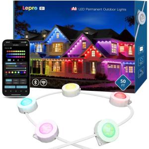 Lepro E1 AI Permanent Outdoor Lights APP Control, 100ft 60 LED Smart RGB+IC+Warm/Cool White House Eave Light for Halloween Christmas, Alexa Google Enabled, 2.4 GHz WiFi/Bluetooth, NO Remote Controller(50 FT)