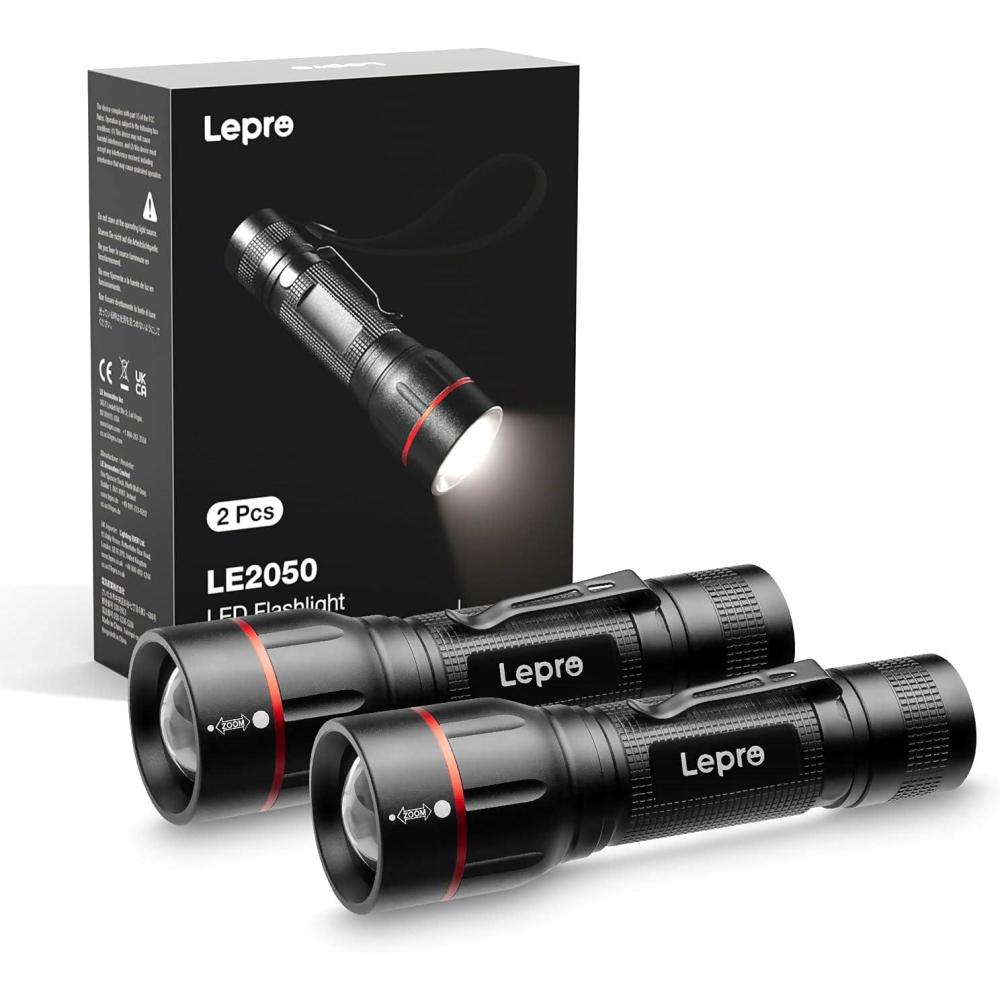 imageLepro LED Flashlight with Clip LE2050 Flashlight High Lumens 5 Lighting Modes Zoomable Waterproof Lightweight Flashlights for EmergenciesCamping Powered by AAA Battery 2 Pack