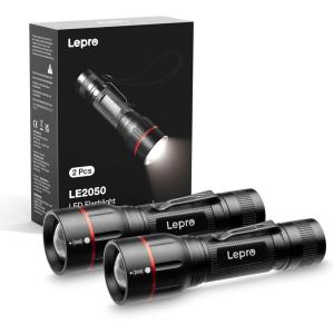 Lepro LED Flashlight with Clip, LE2050 Flashlight High Lumens, 5 Lighting Modes, Zoomable, Waterproof, Lightweight Flashlights for Emergencies,Camping, Powered by AAA Battery, 2 Pack