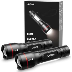 Lepro LED Flashlights LE2000 High Lumen, 5 Lighting Modes, Zoomable, Waterproof, Pocket Size Flashlight for Outdoor, Emergency, Camping Gear, Powered by AAA Battery, 2 Pack(2)