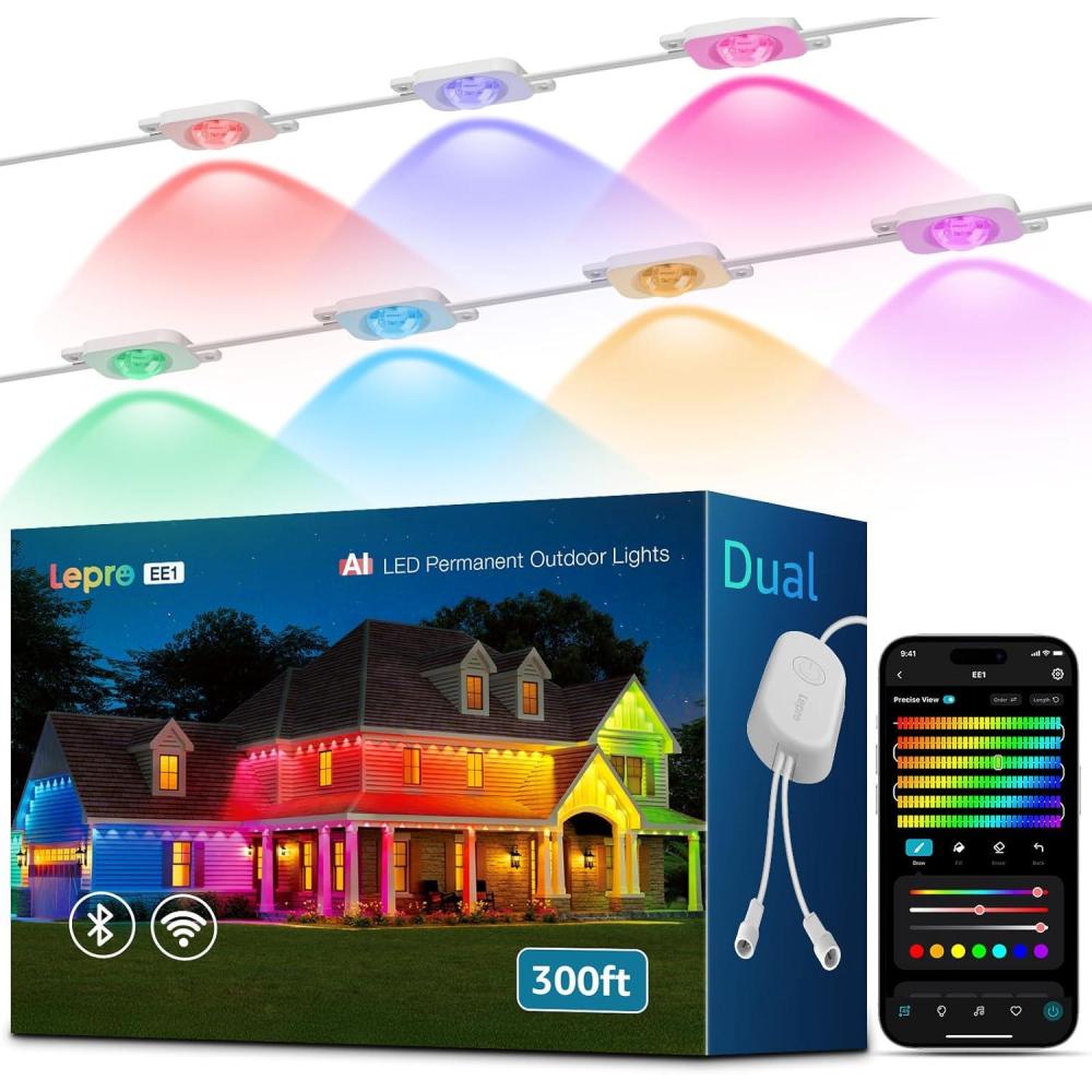 imageLepro EE1 AI Permanent Outdoor Lights with DualOutput 300ft 180 LED RGBIC Smart Outside Light for House Christmas DecorAlexa Google Enabled 24 GHz WiFiBluetooth APP Control No Remote Controller