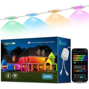 Lepro EE1 AI Permanent Outdoor Lights with Dual-Output, 200ft 120 LED RGB+IC Smart Outside Light for House Christmas Decor,Alexa Google Enabled 2.4 GHz WiFi/Bluetooth, APP Control No Remote Controller