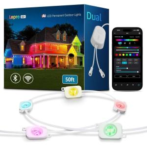 Lepro EE1 AI Permanent Outdoor Lights with Dual-Output, 50ft 30 LED RGB+IC Smart Outside Light for House Christmas Decor,Alexa Google Enabled 2.4 GHz WiFi/Bluetooth, APP Control No Remote Controller
