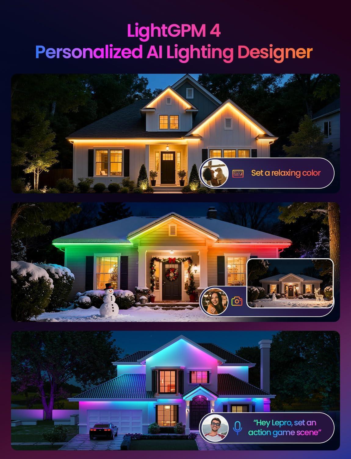 imageLepro SW1 AI Smart Outdoor LED Strip Lights 328ft IP65 Waterproof RGBCW Light Strips 2700K5700K Tunable Warm White APP ControlNo Remote 24G WiFi Lights for Holiday Decor House Porch Eave