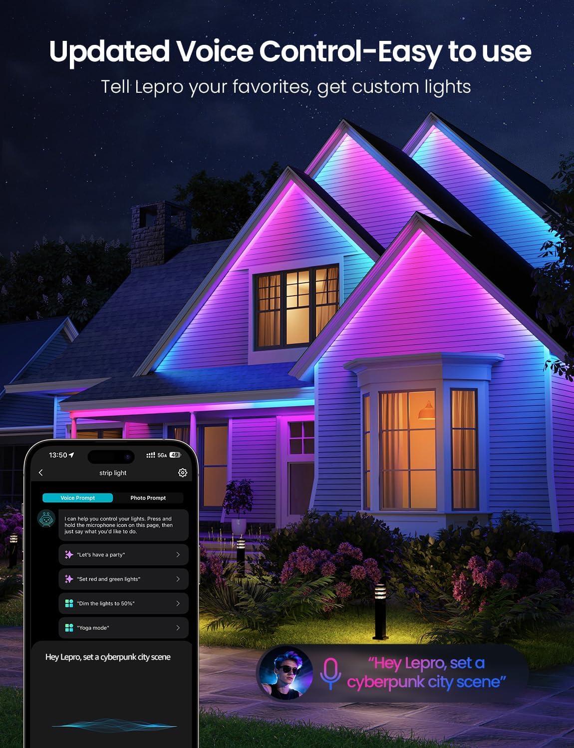 imageLepro SW1 AI Smart Outdoor LED Strip Lights 328ft IP65 Waterproof RGBCW Light Strips 2700K5700K Tunable Warm White APP ControlNo Remote 24G WiFi Lights for Holiday Decor House Porch Eave