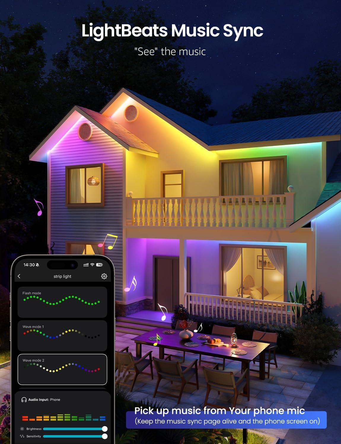 imageLepro SW1 AI Smart Outdoor LED Strip Lights 328ft IP65 Waterproof RGBCW Light Strips 2700K5700K Tunable Warm White APP ControlNo Remote 24G WiFi Lights for Holiday Decor House Porch Eave