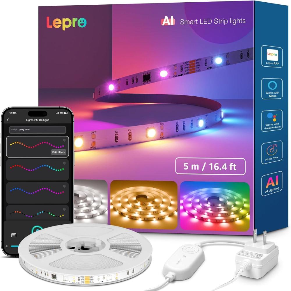 imageLepro S2 AI Smart LED Strip Lights  164ft RGBCW Light Strips with 2700K5700K Tunable Warm White Color Segment DIY Personalized Al Lighting Designer APP ControlNo Remote 24G WiFi ampamp Bluetooth